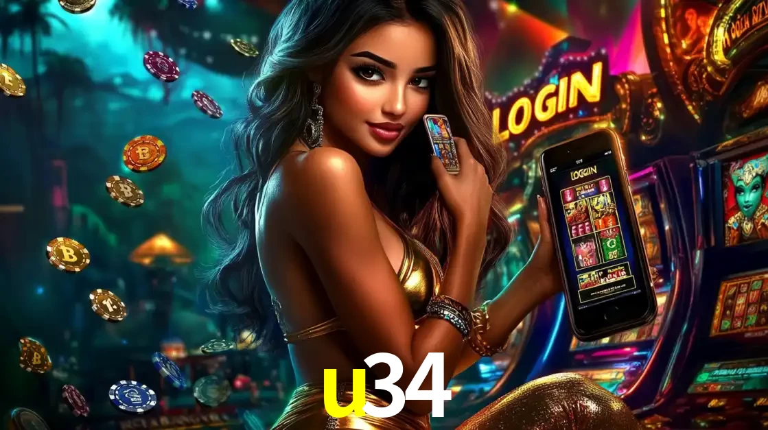 Mulher em um cenário de cassino temático de aventura, mostrando o app de caça-níqueis da u34 no celular. Fichas de apostas flutuam ao redor.